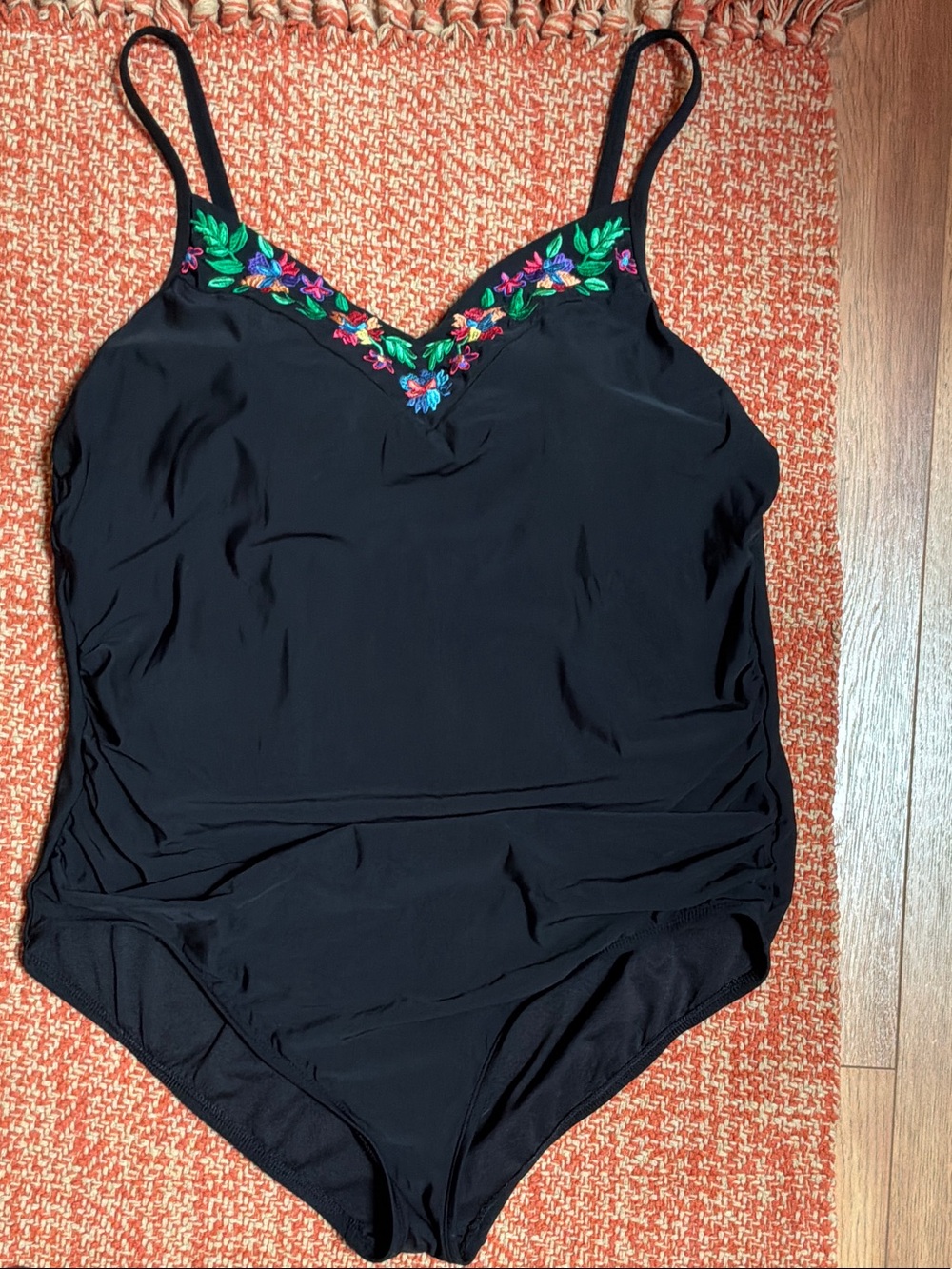 Aqua Green Black One-Piece Swimsuit with Multicolor Floral Embroidery 22 22W